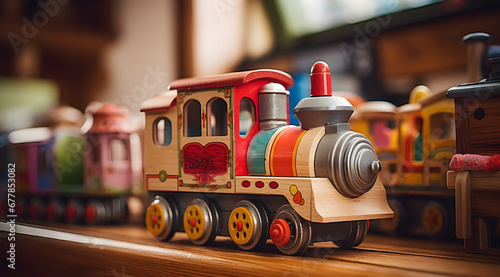 Wooden toy train with colorful details on a wooden floor. © Jan