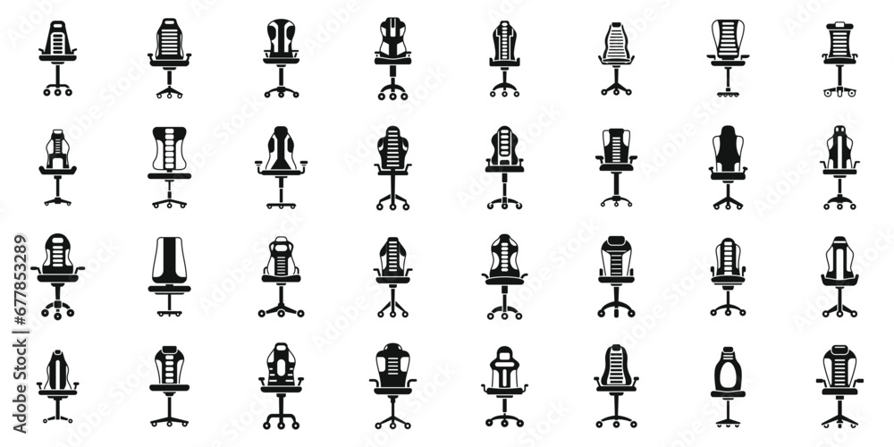 Gaming chair icons set simple vector. Furniture game arms. Comfort computer pc Gaming chair icons set simple vector. Furniture game arms. Comfort computer pc
