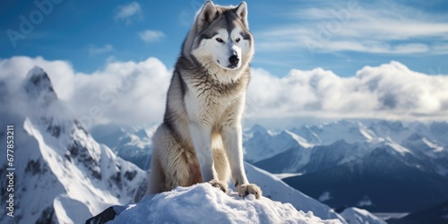 A Siberian husky dog sitting on top of a snow-covered mountain. Generative AI. photo
