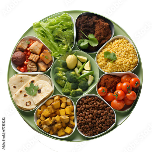 Composition of fresh vegetables arranged on a plate  top view  tomato  cucumber  lettuce  rice  groats  vegetarian food  top view. 