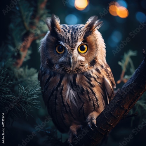 A close up of an owl sitting on a tree branch. Generative AI.
