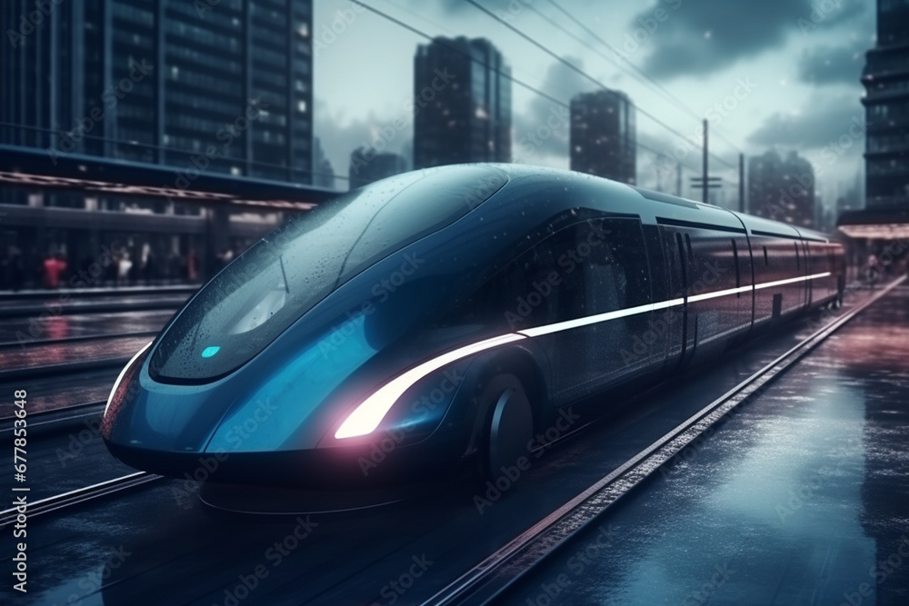 Naklejka premium Experience the future with the sleek design and high speed power of a futuristic bullet train, blending innovation and speed. Ai generated