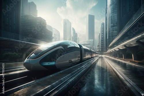 Experience the future with the sleek design and high speed power of a futuristic bullet train, blending innovation and speed. Ai generated