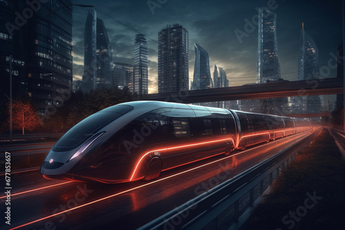 Experience the future with the sleek design and high speed power of a futuristic bullet train, blending innovation and speed. Ai generated © dragomirescu
