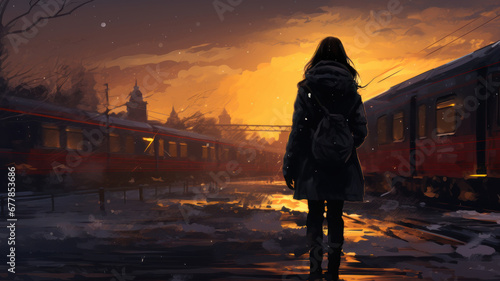 Girl walking home from school on a winter evening
Silhouette at the trainstation photo
