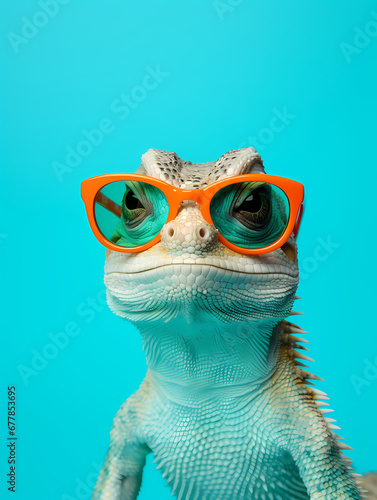 lizard on turquoise background wearing colourful sunglasses. Generative AI. 
