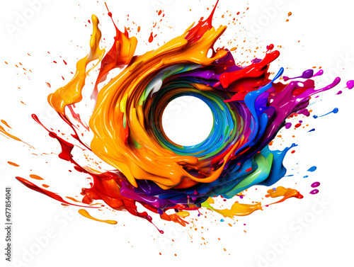 Abstract circle liquid motion flow explosion. Curved wave colorful pattern with paint drops transparent white background