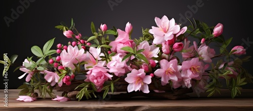 The vibrant pink flowers set against a backdrop of lush green leaves and a wooden texture create a beautiful floral arrangement that resembles the beauty of nature in spring Its perfect for 