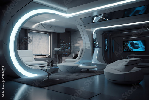 Step into the future with a visionary sci fi futuristic room blending cutting edge technology and sleek aesthetics, a perfect fusion of form and function. Ai generated © dragomirescu