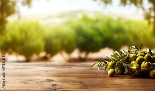 Empty rustic old wooden boards table copy space with olive trees in background, some fruits on desk. Product display template. Generative AI