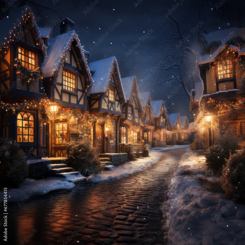 Snowy Street: Decorated Houses Creating a Cozy Atmosphere in Snowfall
