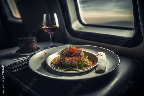  Indulge in exquisite gourmet cuisine aboard a lavish plane  a symphony of flavors with a view from the window. Ai generated