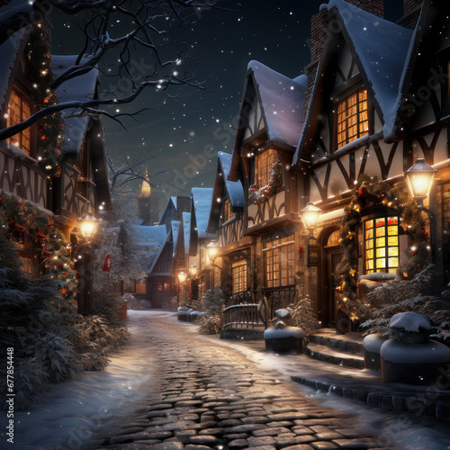 Cozy Street Scene with Snowfall and Decorated Houses
