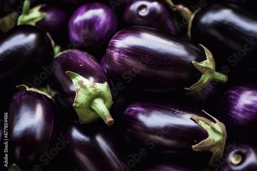 Heap of fresh eggplants in fruit vegetables street market, organic ecological food from local producers farmers close up. Generative AI.