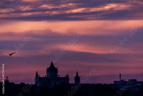 St. George's Cathedral in the city of Lviv at dawn. Ukraine. Crimson sky at dawn