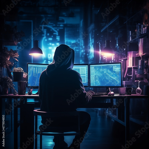 Haker przed komputerem, oszustwo internetowe. AI generative