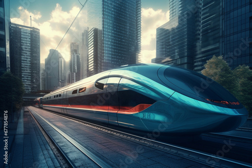 Experience the future with the sleek design and high speed power of a futuristic bullet train, blending innovation and speed. Ai generated