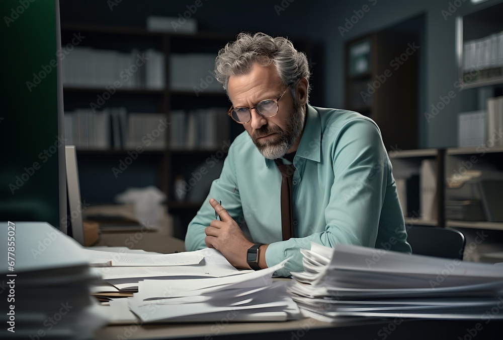 Tired mature businessman working late at night in office. Toned image Tired mature businessman working late at night in office. Toned image