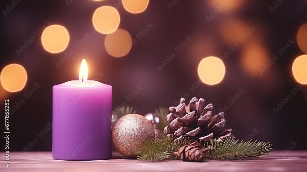 Christmas - Banner Of 1 candle and xmas ornament, Pine-cones And green Spruce Branches minimal purple background and lights in the back, with empty copy space Christmas - Banner Of 1 candle and xmas ornament, Pine-cones And green Spruce Branches minimal purple background and lights in the back, with empty copy space
