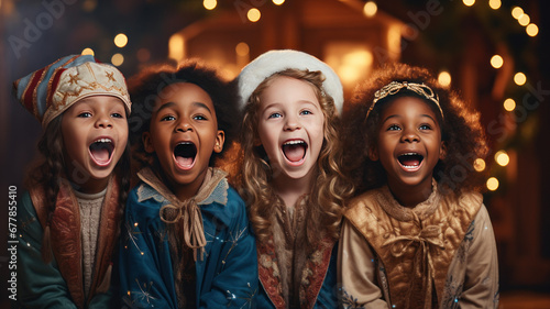 Cute children singing in a festuve mood, on a Christmas market