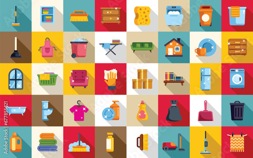 Tidy up icons set flat vector. Furniture room. Clean apartment dirty