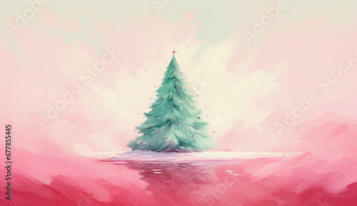 illustration of a light green christmas tree on light pink background with copy space in painting style photo