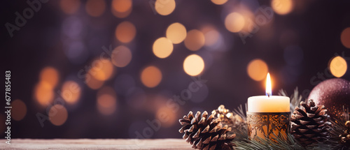 Christmas - Banner Of 1 candle and xmas ornament, Pine-cones And green Spruce Branches minimal purple background and lights in the back, with empty copy space