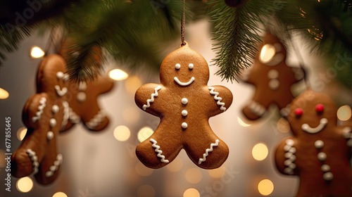 hanging on evergreen tree gingerbread man