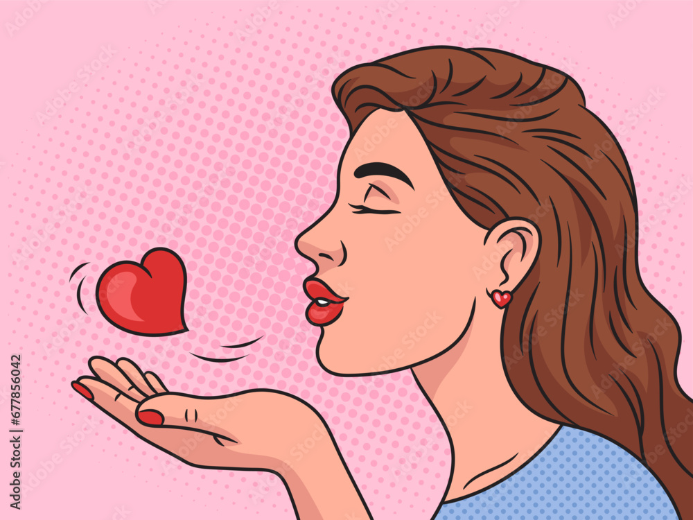 Φωτογραφία Woman girl blows air kiss pinup pop art retro hand drawn vector illustration