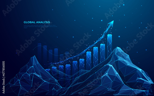 Abstract digital mountain and growth graph chart on technology blue background. Milestone and success business concept. Mountain range landscape and arrow up with histogram. Vector illustration.
