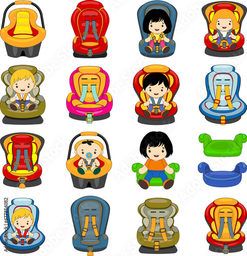 Baby car seat icons set cartoon vector. Safety infant. Security car chair