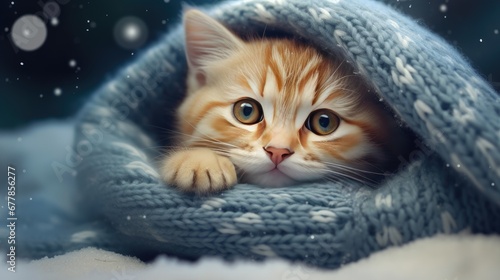 a cute kitten peacefully sleeping, wrapped in a warm knitted sweater, in a serene winter park, falling snow, ample copy space to convey the concept with pets.