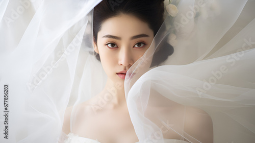 A young Korean bride with a veil delicately covering a portion of her face, showcasing a captivating gaze and a complexion of pale beauty