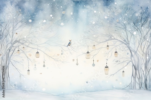 Digital paintings winter landscape  house in the forest lanterns and birds. Artwork  fine art.
