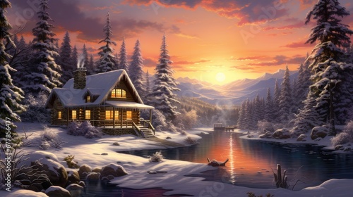 a cozy cabin nestled in the heart of a snowy forest  the serene ambiance and offer a visual retreat into the snowy woods.