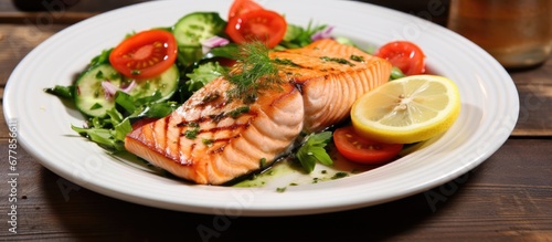 A healthy Mediterranean meal consists of a white plate filled with nutritious and delicious dishes like fish steak green vegetables and salmon all contributing to a well balanced diet and f
