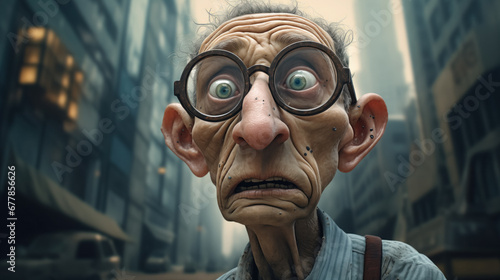 A caricatured elderly man with large glasses looks puzzled.