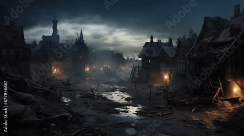 Gloomy medieval village at dusk with flickering lanterns.