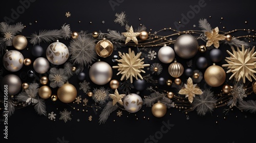 Christmas gold and silver decorations arranged against a dark black background, flat design principles to create a visually striking and sophisticated composition.