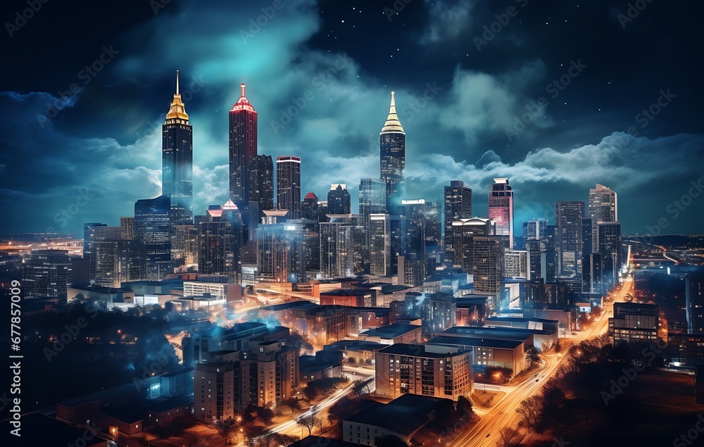 Night cityscape with skyscrapers and street lights. 3d rendering