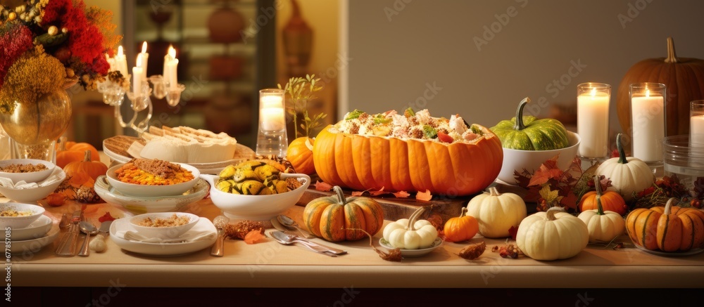 warm glow of the light a table adorned with an autumn themed tablecloth laid the background for a delicious spread of healthy food A white pumpkin centerpiece sat proudly amidst the green a warm glow of the light a table adorned with an autumn themed tablecloth laid the background for a delicious spread of healthy food A white pumpkin centerpiece sat proudly amidst the green a