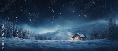 Cosy snowy winter night landscape with lonely house in the mountains and forest photo