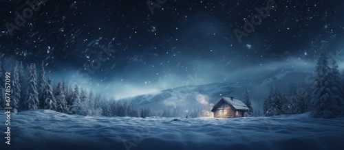 Cosy snowy winter night landscape with lonely house in the mountains and forest