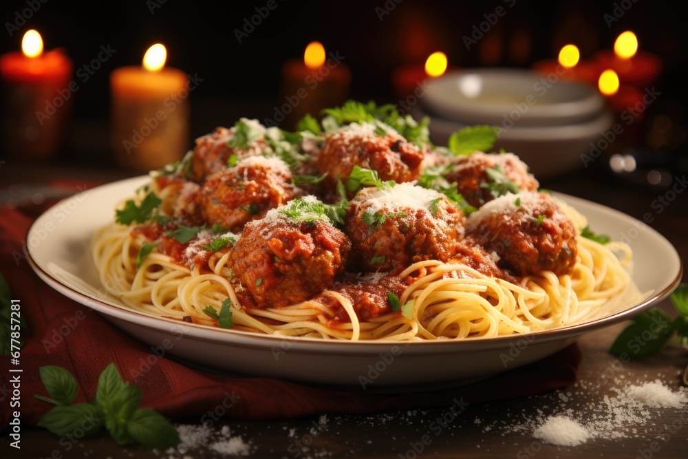 A traditional serving of spaghetti paired with meatballs on a plate - obrazy, fototapety, plakaty 