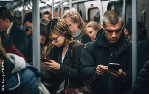 Train cabin during a rush hour full of people where everybody looking down on their highlighted cellphone screens