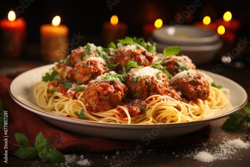 A traditional serving of spaghetti paired with meatballs on a plate photo