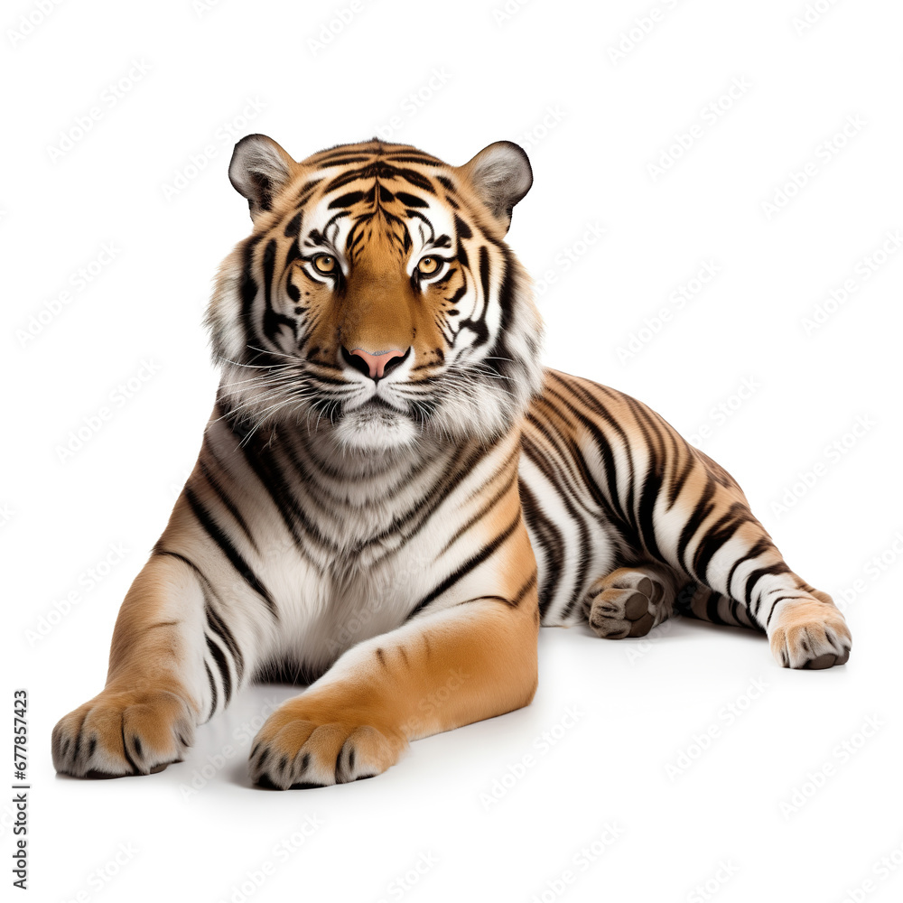 Gorgeous tiger laying on the floor, isolated on white background, photorealistic ai
