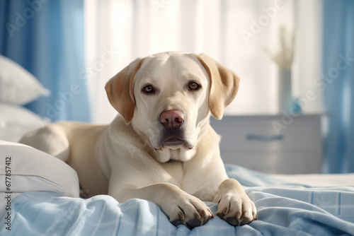 White labrador laying on the bed, close-up portrait