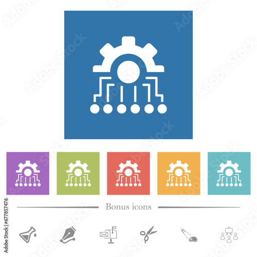 Mechatronics flat white icons in square backgrounds