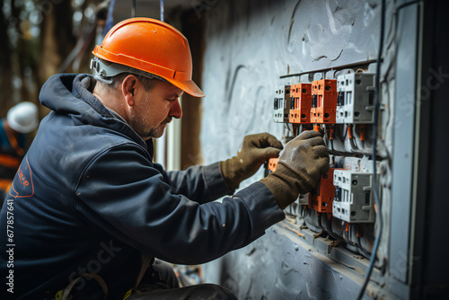 electrician working in a power station in a factory. installation of sockets and switches. Professional in overalls with an electrician's tool